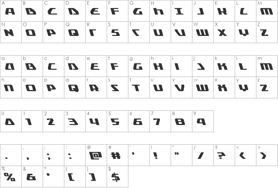 Global Dynamics Leftalic font character map preview