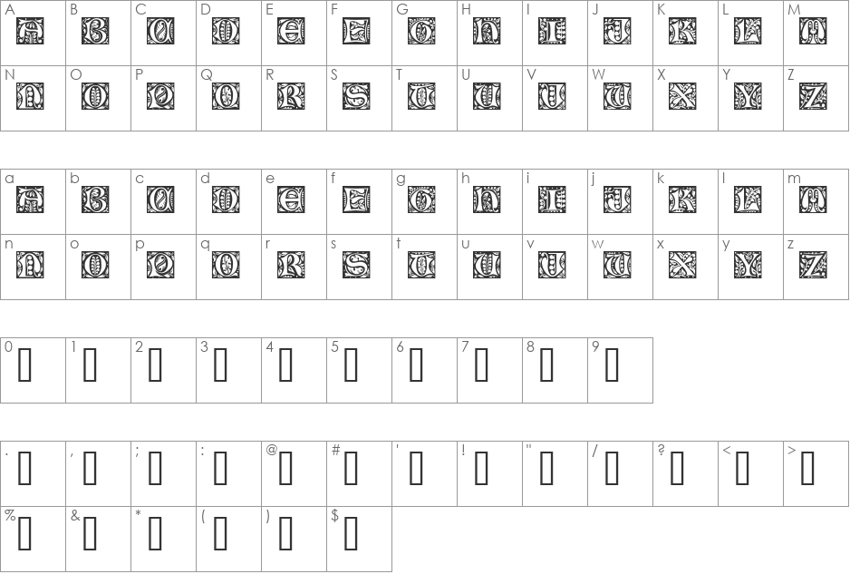 Gloucester Initialen font character map preview