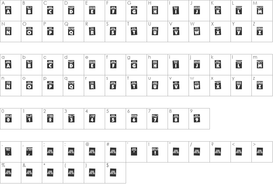 God Hates Westboro font character map preview