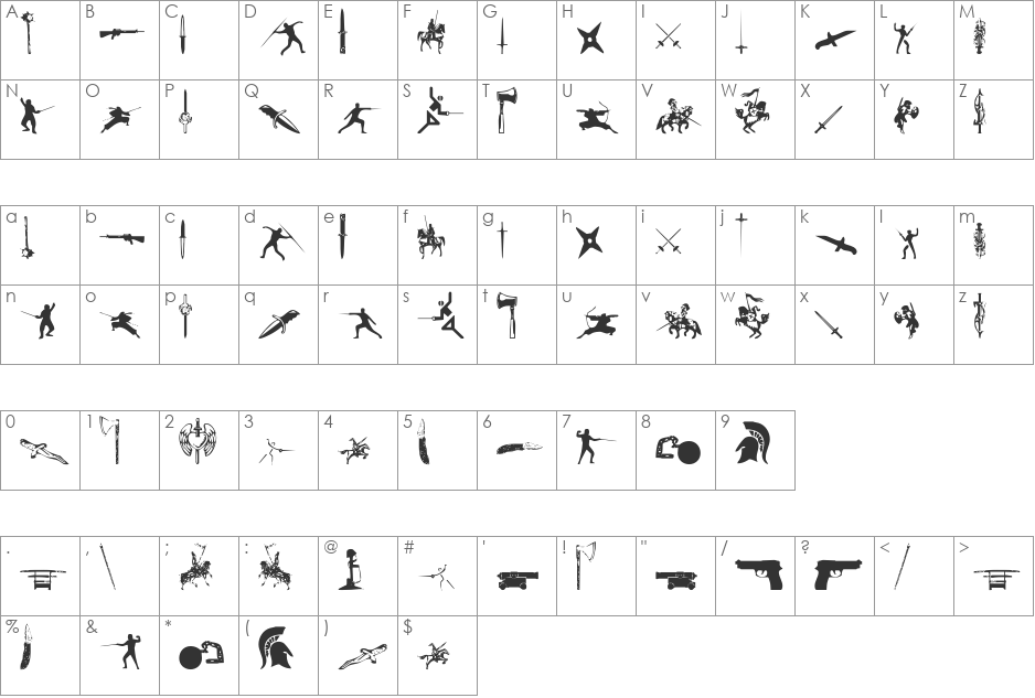 Gods of War font character map preview