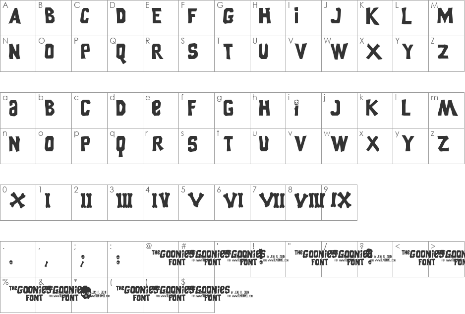 Goonies font character map preview