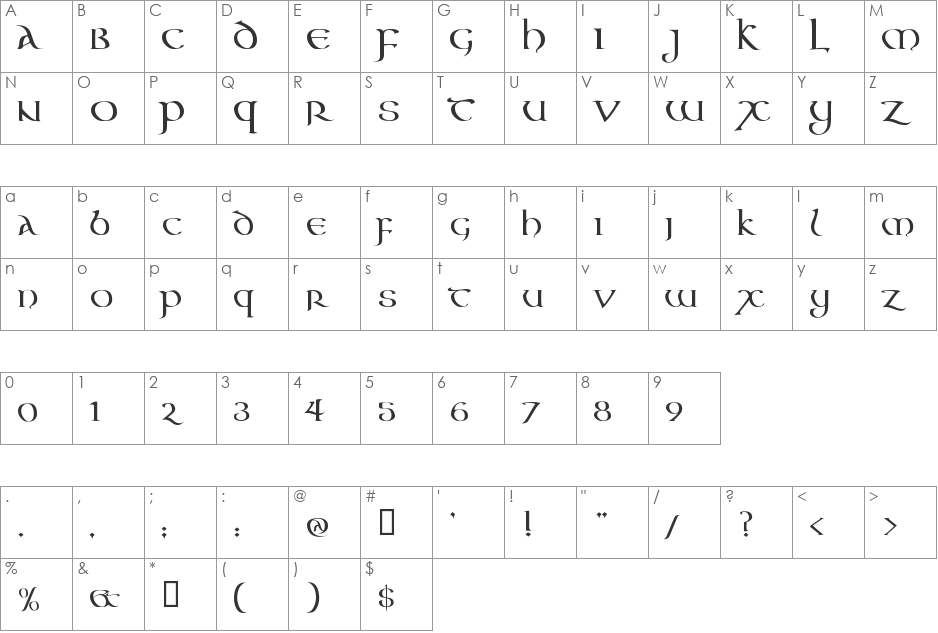 Aon Cari Celtic font character map preview