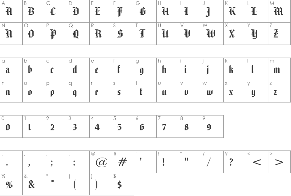 Gothic 32 Wide font character map preview