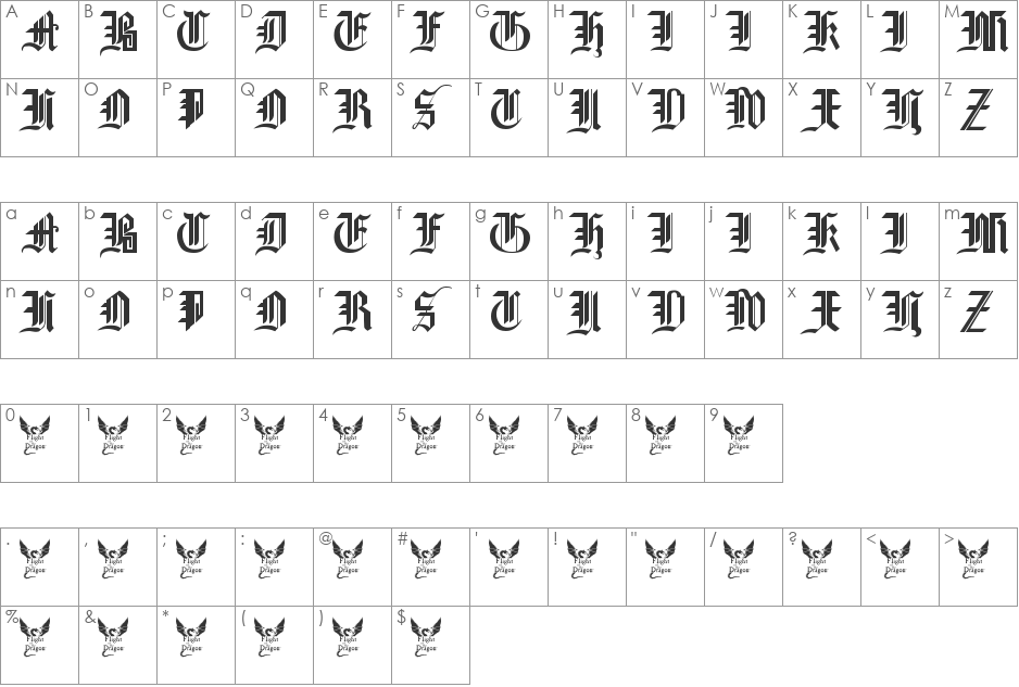 Gothic Straight-Faced, 16th c. font character map preview