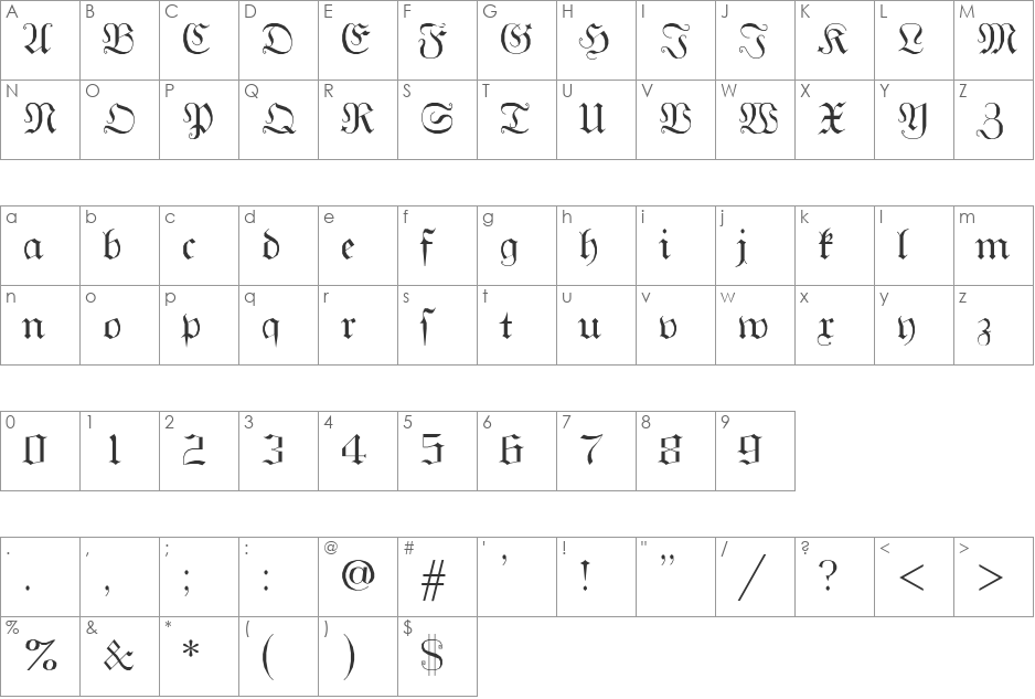 GothicG font character map preview