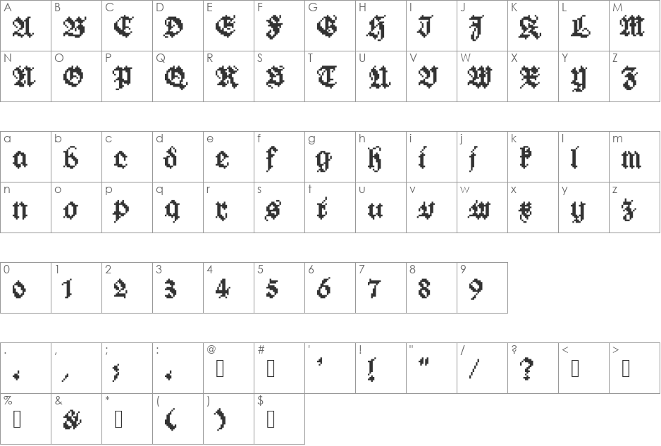 GothicPixels font character map preview