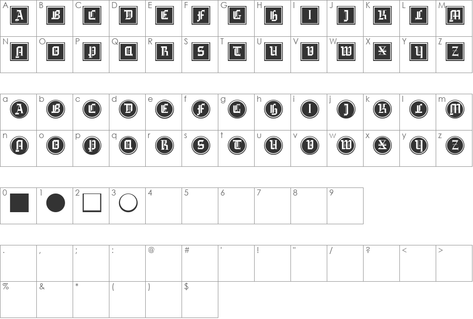 GotikaButtonsDrei font character map preview