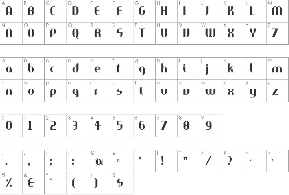 Aparta font character map preview
