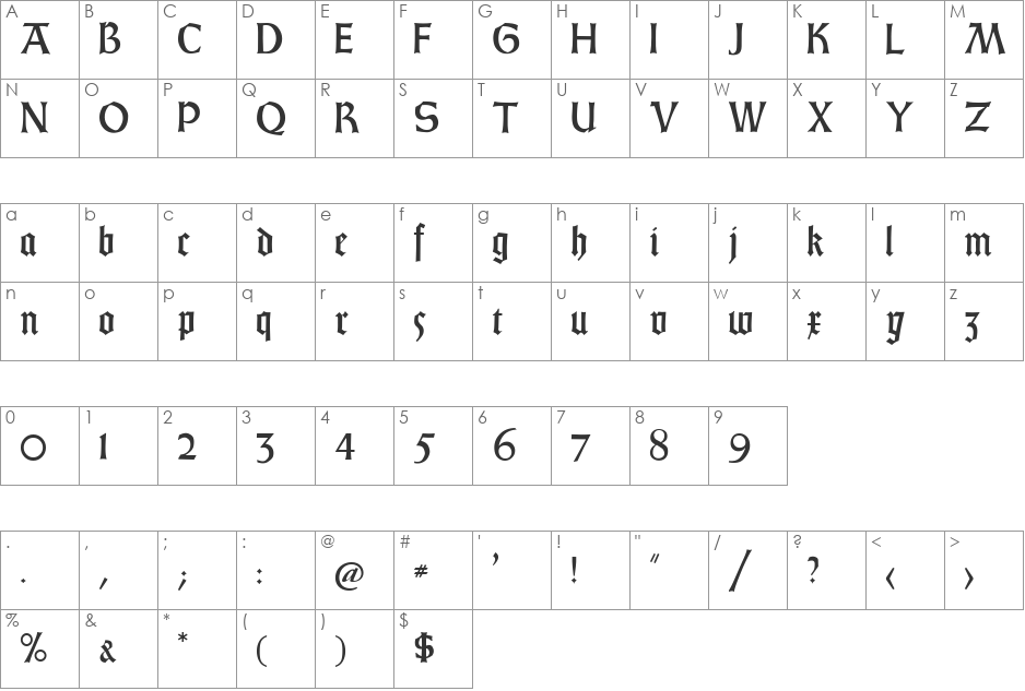 Gotisch Weiss UNZ1A font character map preview