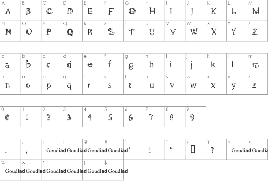 Goudiad font character map preview