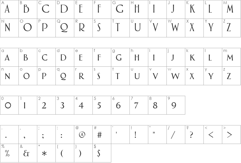Aphasia BT font character map preview