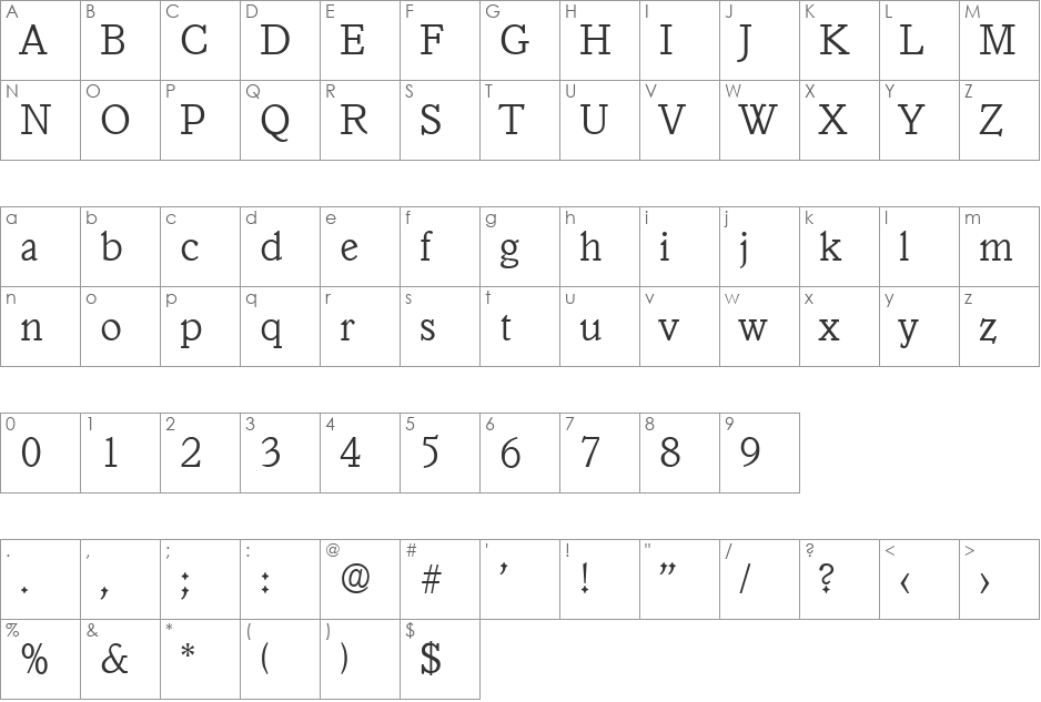 Granada-Xlight font character map preview