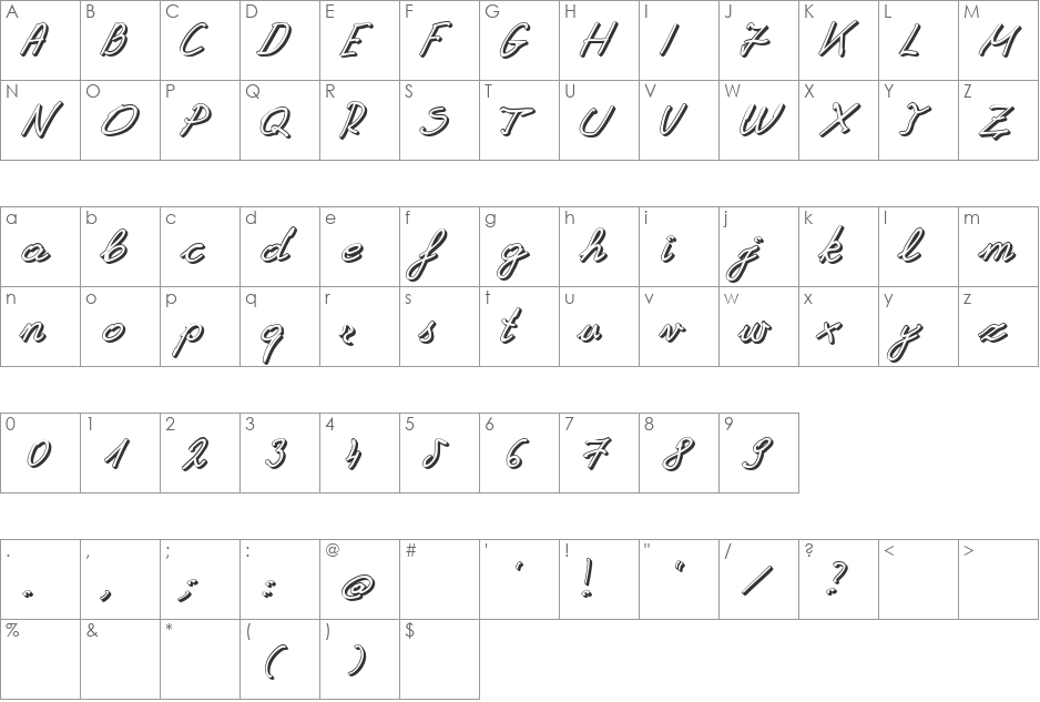 Grannys 3D font character map preview
