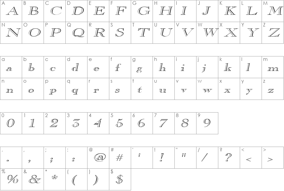 GravureExtended font character map preview