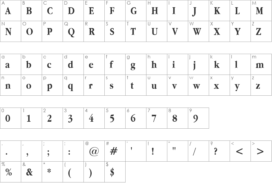 Apple Garamond Bold BT font character map preview