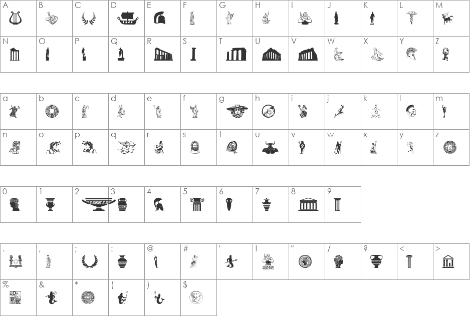Greek Mythology font character map preview