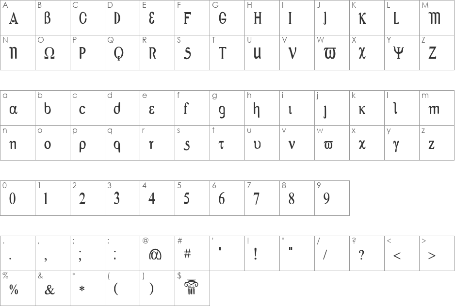 Greex font character map preview