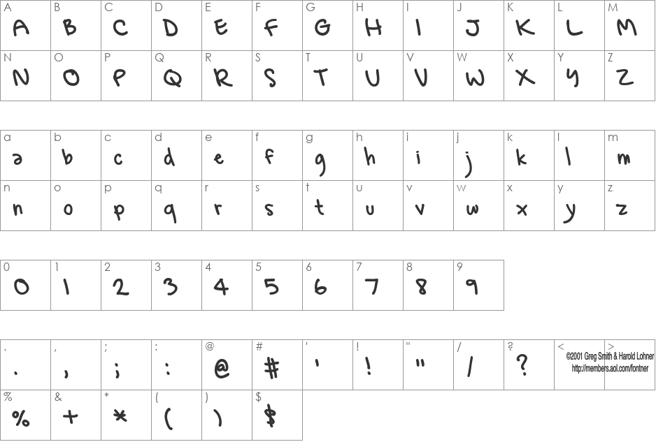 Greg's Hand font character map preview