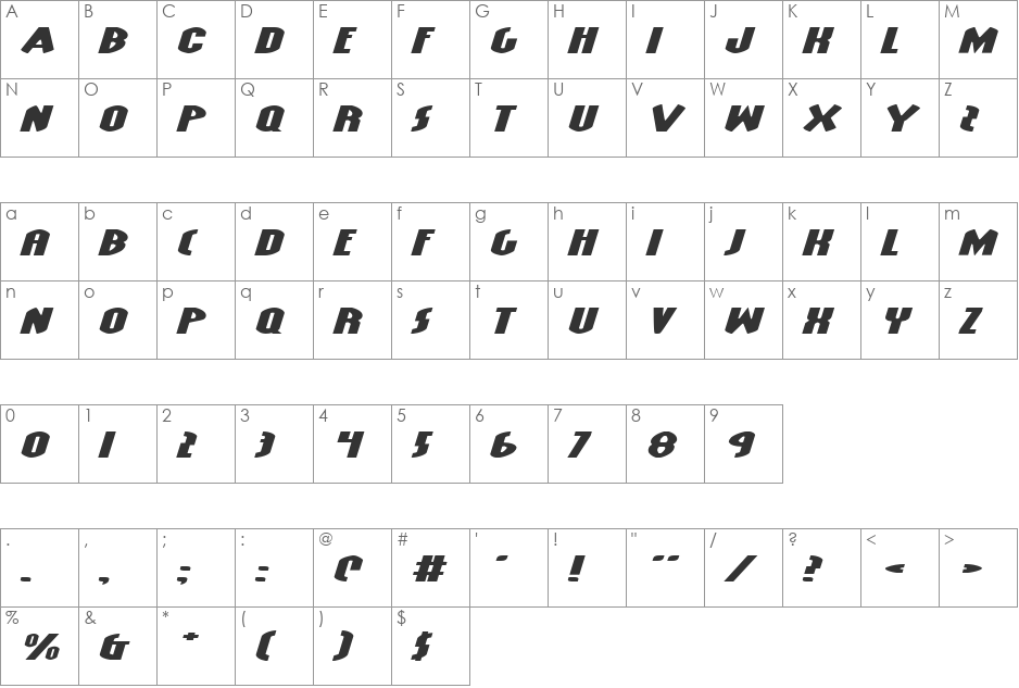 Grendel's Mother Extra Exp Ital font character map preview