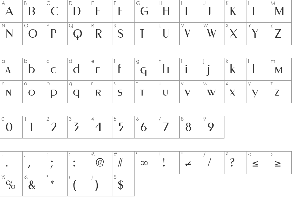 Greyhound DB font character map preview