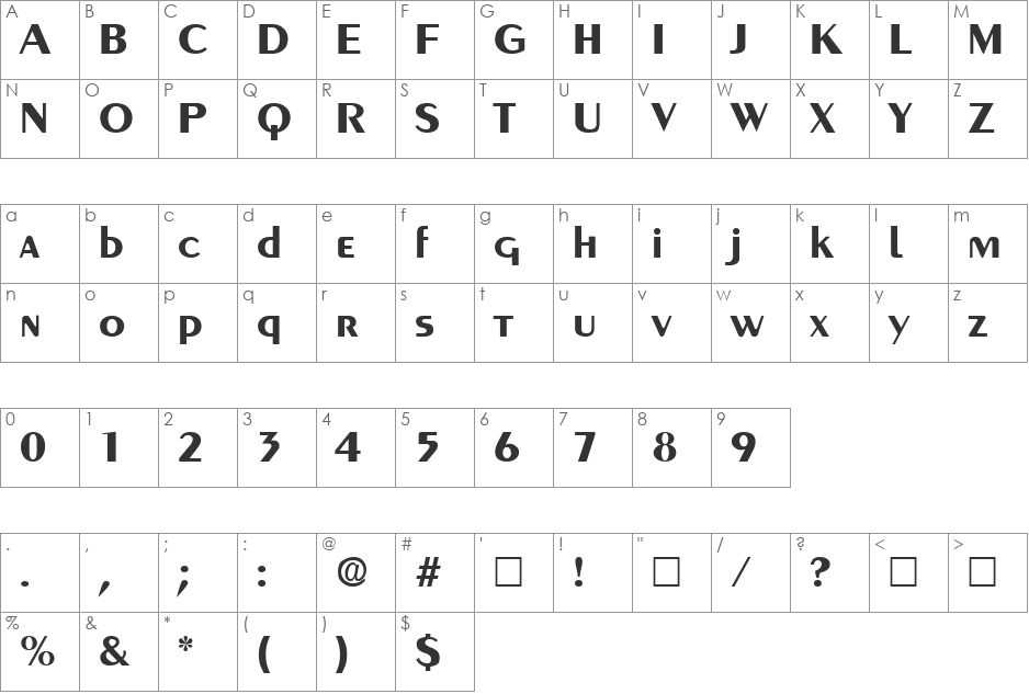 GreyhoundBold font character map preview