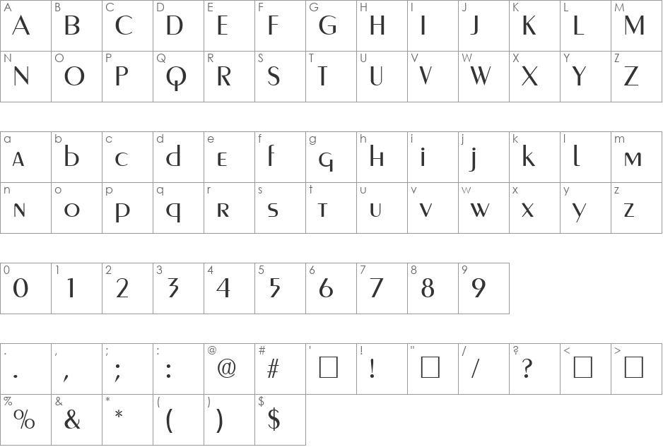 GreyhoundRegular font character map preview