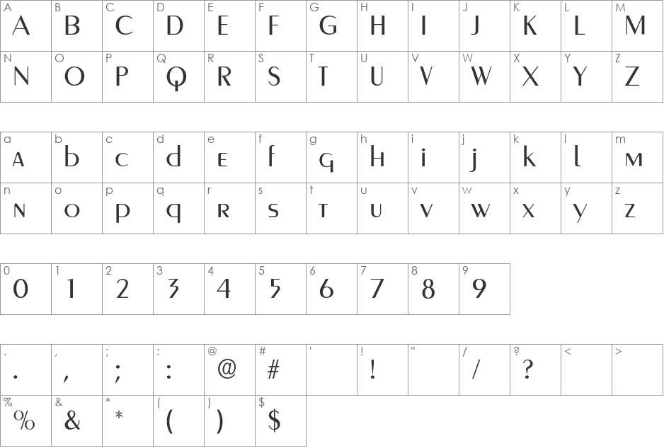 GreyhoundRegular font character map preview