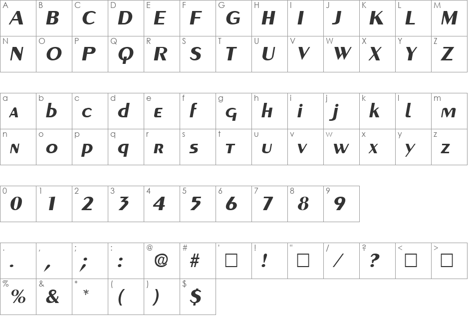 GreyhoundRegularItalic font character map preview