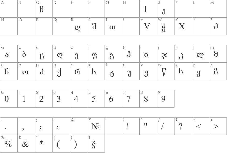 Grigolia font character map preview