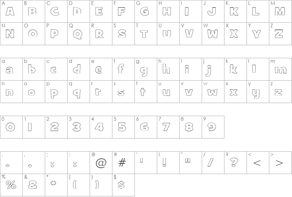 GrilledCheese BTN Out Wide font character map preview