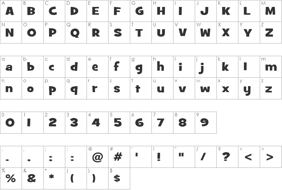 GrilledCheese BTN Wide font character map preview