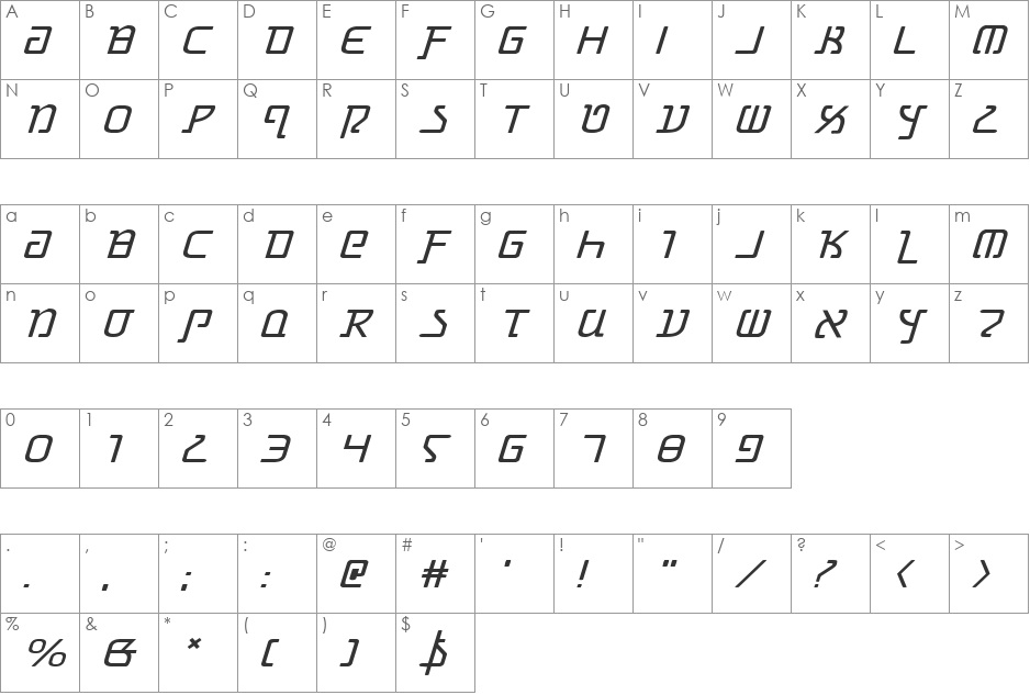 Grimlord Expanded Italic font character map preview