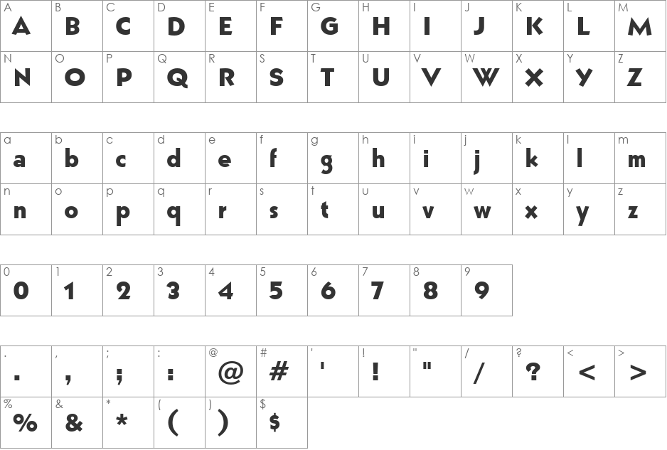 Grizzly BT font character map preview