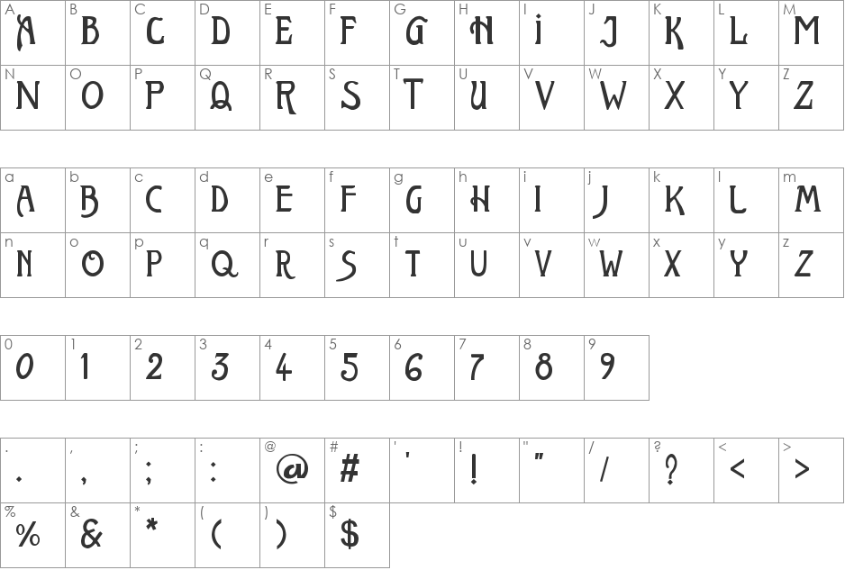 April Nouveau font character map preview