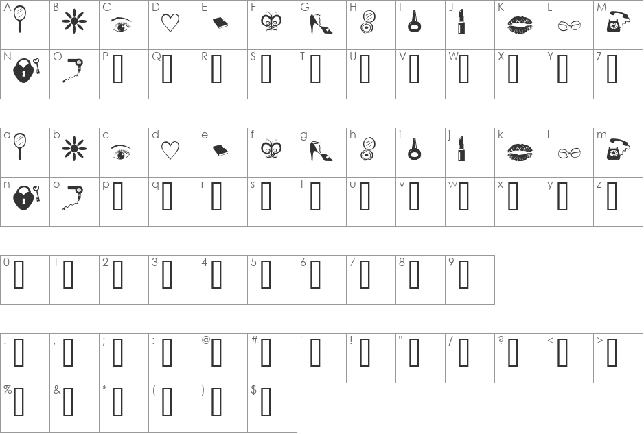 Grrlz Stuff font character map preview