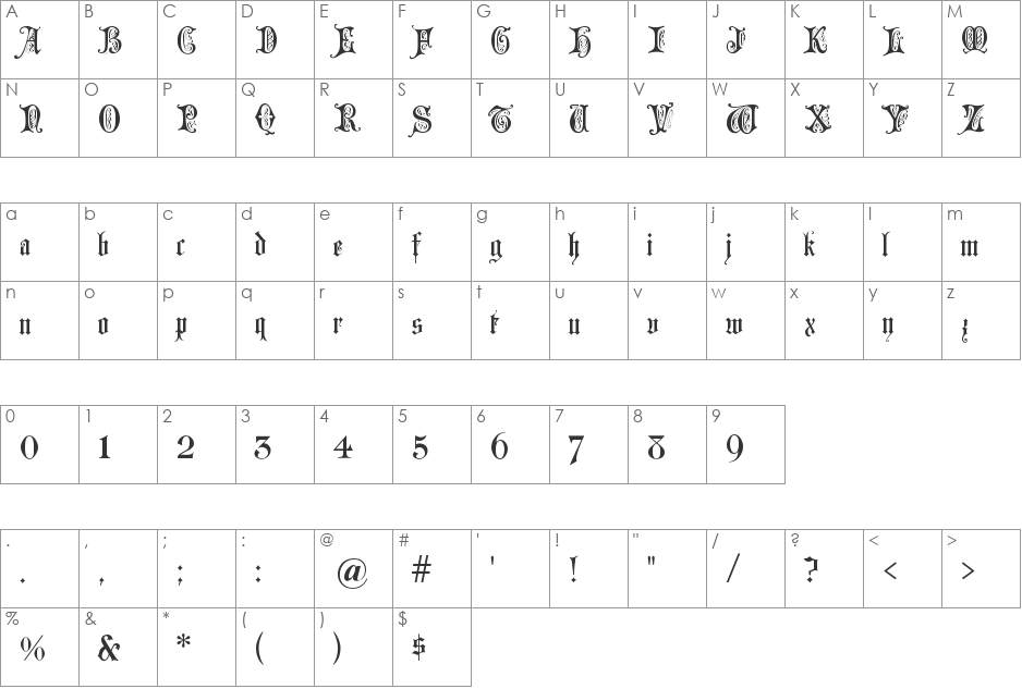 Grusskarten Gotisch font character map preview