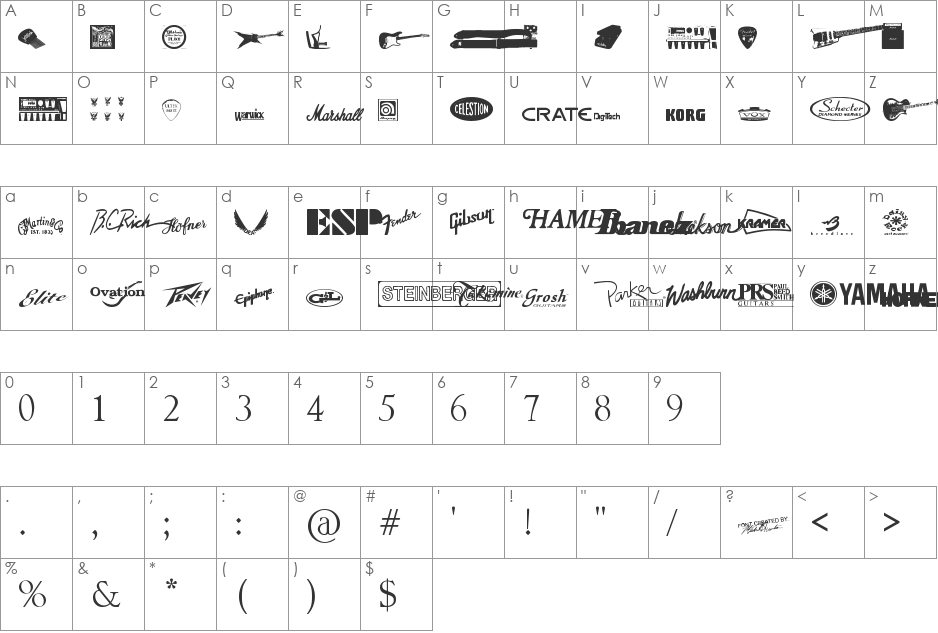 Gtartings font character map preview