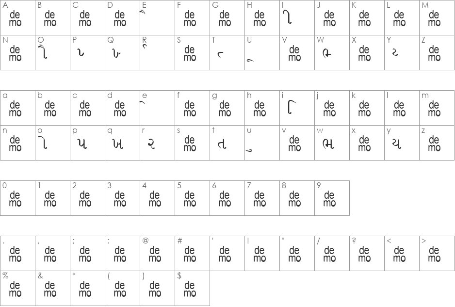 Gujrati Saral-DEMO font character map preview