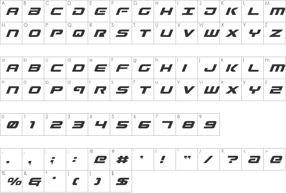 Gunship Italic font character map preview