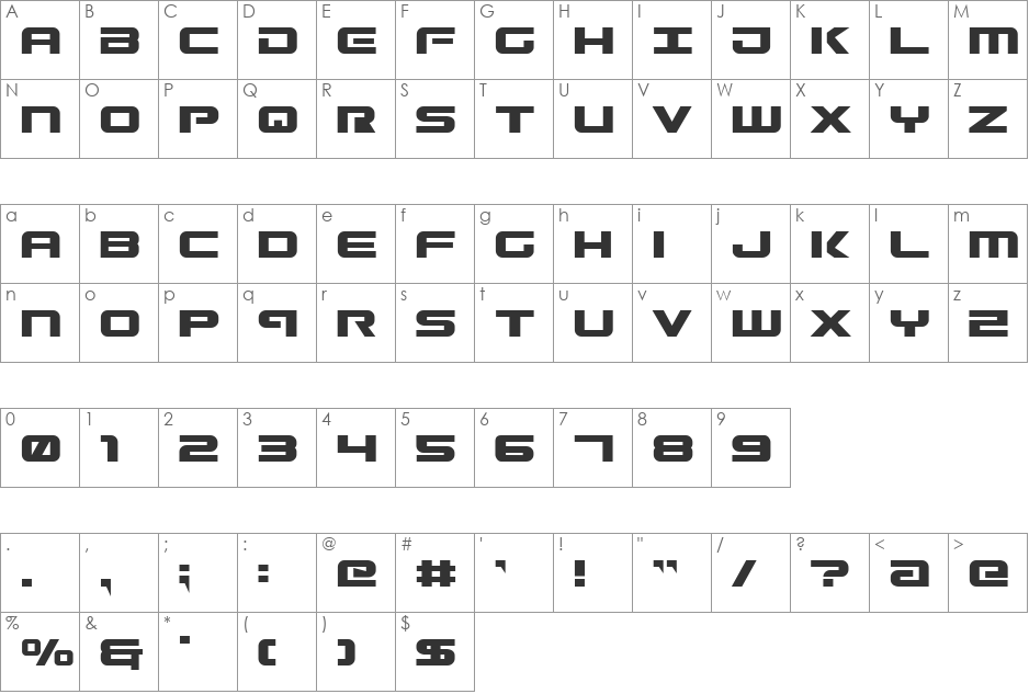 Gunship Shadow Ital font character map preview
