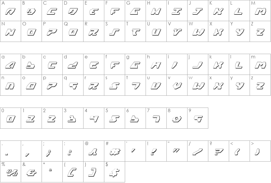 Gyrfalcon 3D Italic font character map preview