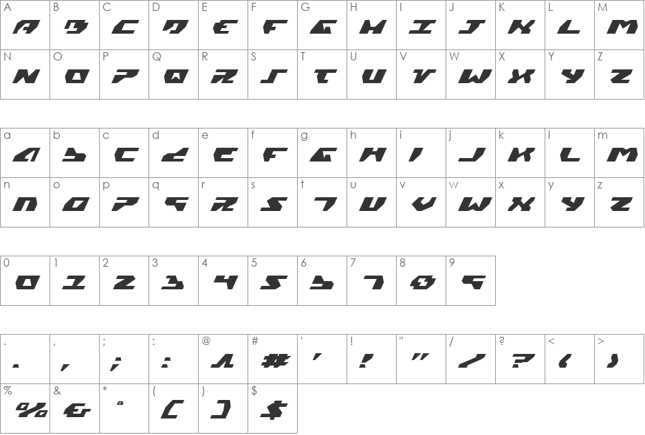 Gyrfalcon Expanded Italic font character map preview