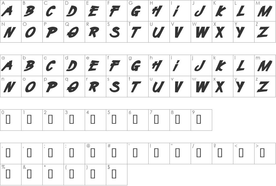 H74 Demon Racer font character map preview
