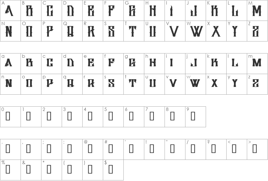 H74 Dirty Sanchez font character map preview