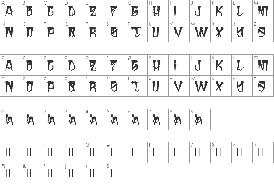 H74 East Zombie High font character map preview