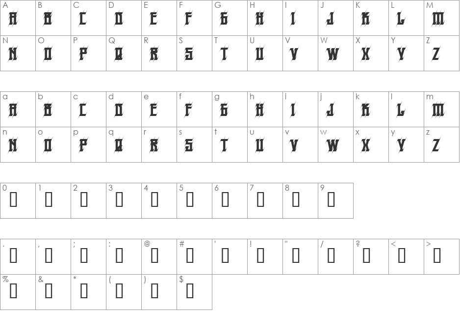 H74 Prick font character map preview