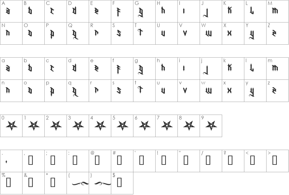 H74 Warlock font character map preview