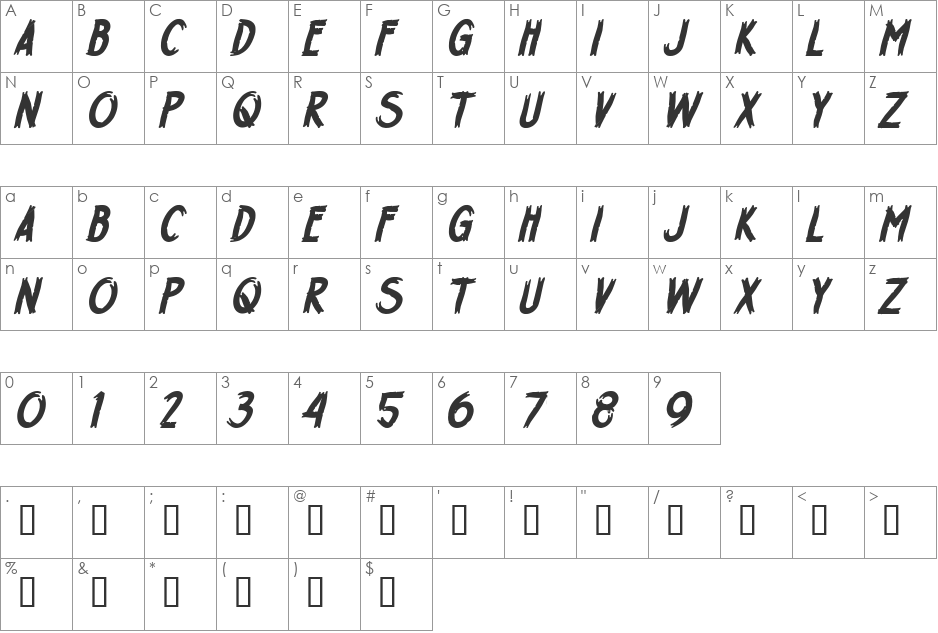 H74 WizardDick font character map preview