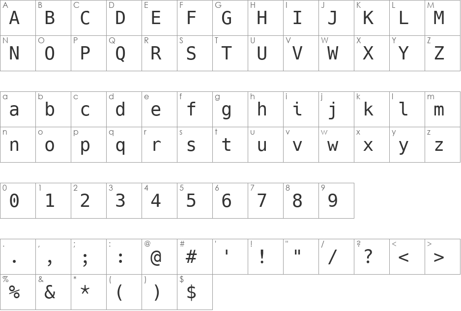 Hack font character map preview