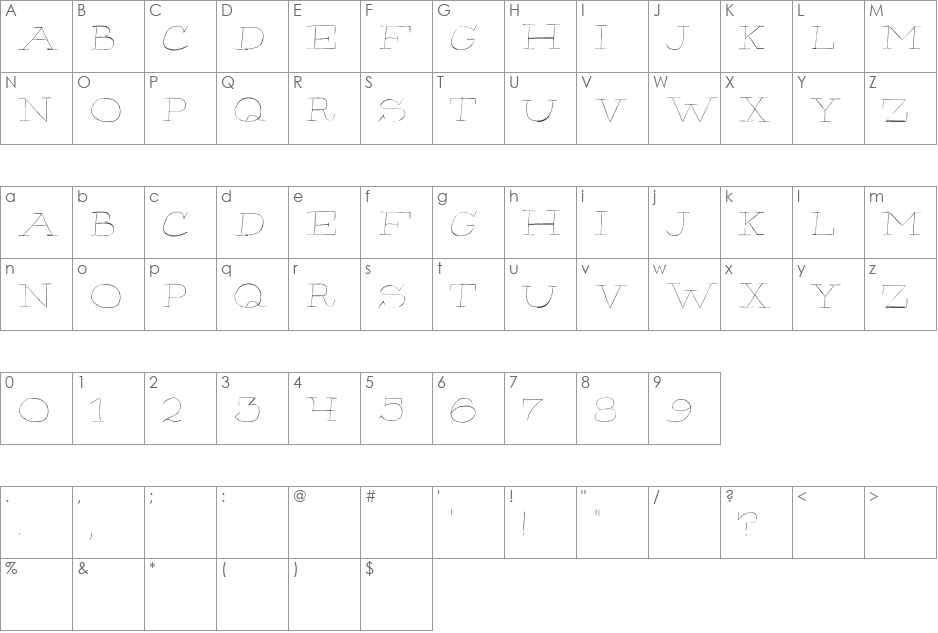 Hairliner font character map preview